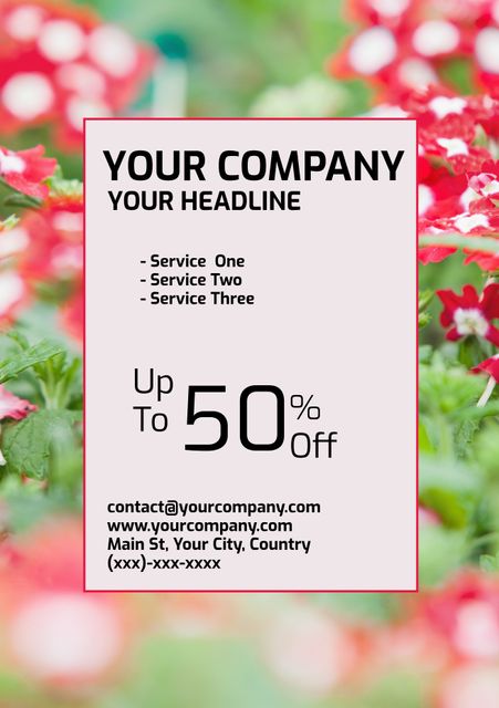 Perfect for businesses looking to advertise a seasonal sale with a visually appealing floral background. Ideal for promoting discounts on products or services related to the spring season. Can be used for digital marketing campaigns, social media posts, or print materials. The flyer includes place holders for company name, headline, service details, discount offer, and contact information.