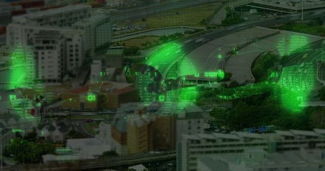 Aerial Highway and City With Digital Data Overlay