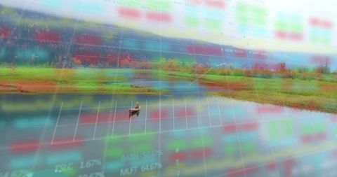 Solo angler fishing from rowboat on misty lake with financial overlay and autumn colors