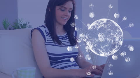 Smiling Woman Exploring Global Network Connections on Laptop