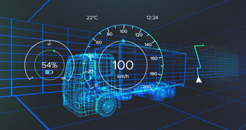 Digital Dashboard Display of Truck with Data Overlay and Graphs