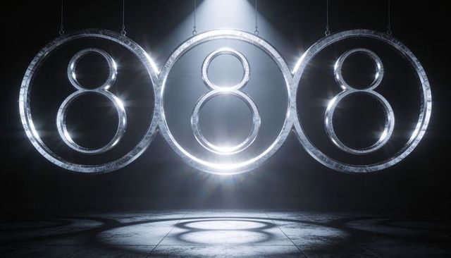 Hanging metallic figure-eight rings reflecting dramatic spotlight beams on concrete stage