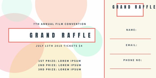 This vibrant and creative raffle ticket template is perfect for a variety of festive events such as festivals, film conventions, birthdays, and promotional events. The pastel color background and modern typography make it visually appealing. The template features sections to fill in guest name, email, and phone number, enhancing organization and guest management. It can be customized for different events including prize drawings, competitions, or even theme parties.