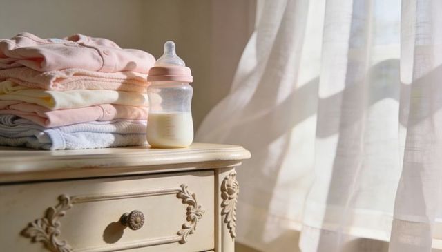 Sitting baby bottle on vintage dresser with folded pastel baby clothes and sunlit curtains