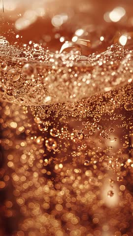 Vertical video of effervescent copper-colored soda bubbles rising and forming foam in glass