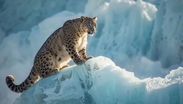 Snow leopard perching on turquoise glacier crest, gripping icy ridge, majestic predator