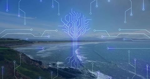 Futuristic neon circuit tree overlaying coastal bay with grassy cliffs and rocky shore