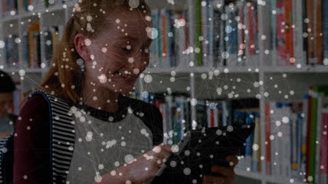 Smiling Woman Engaging with Digital Tablet in Library Network Overlay