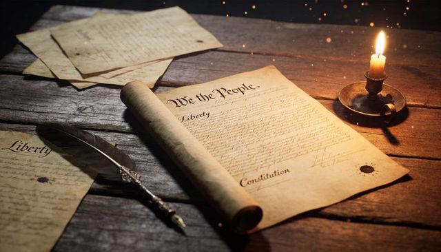 Candlelight illuminating constitution scroll with quill and wax seal on rustic desk