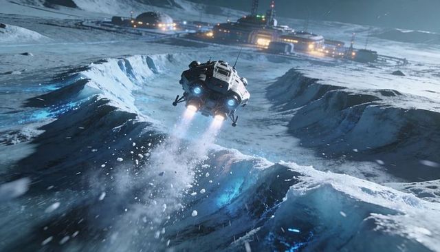 Hovering lander lifting above icy lunar ridge leading to futuristic outpost at night