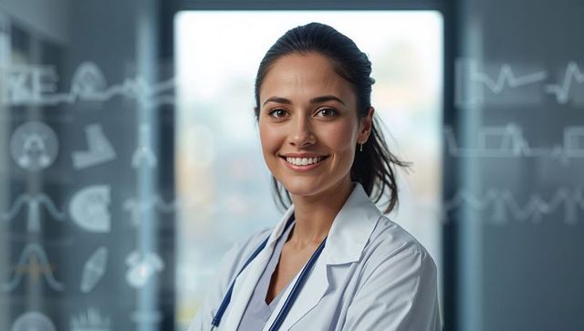 Confident female doctor smiling in modern clinic with stethoscope and ecg overlays