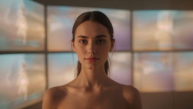 Serene portrait of woman with pulled-back hair bare shoulders pastel led panel glow