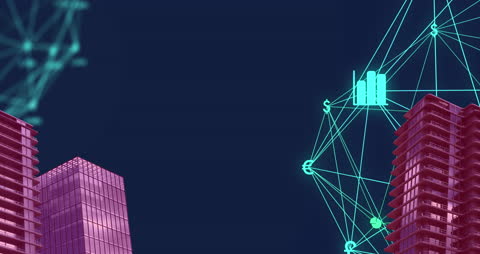 Abstract Digital Finance Network over Cityscape