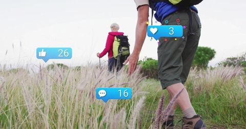 Hikers navigating nature with engaging social media elements