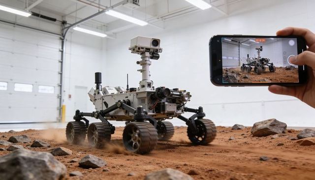 Six-wheeled planetary rover traversing dusty test bay while smartphone filming