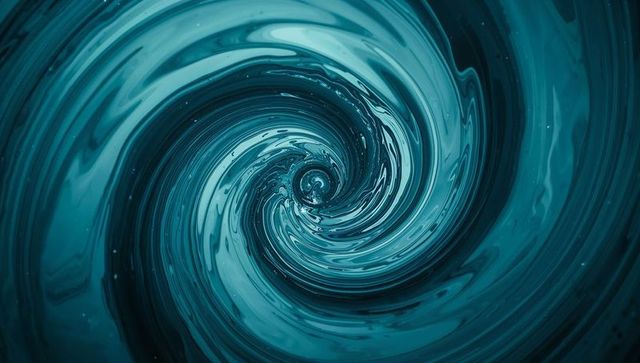 Teal liquid vortex swirling spiral macro abstract fluid motion depth and texture
