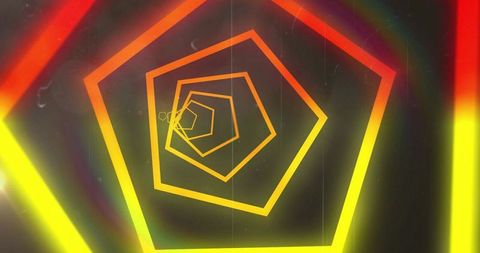 Neon pentagonal tunnel spiral with chromatic glow and retro grainy rainbow light