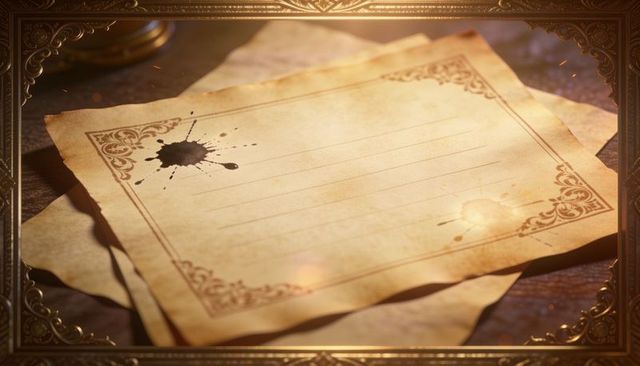 Aged parchment sheets showing ink blot and ornate filigree border on dark wood