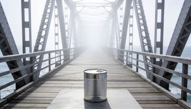 Solitary tin can reflecting muted light on foggy seaside bridge, steel truss perspective