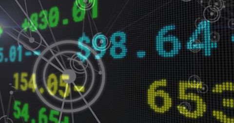 Dot-Matrix Financial Ticker Displaying Neon Stock Prices with Radar Overlays HUD