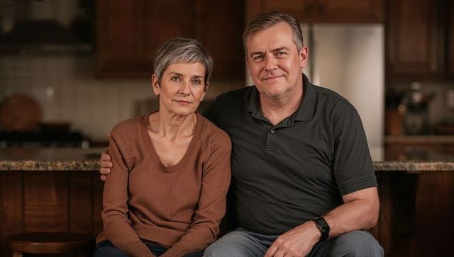 Senior couple sitting together in cozy kitchen sharing companionship and supportive warmth