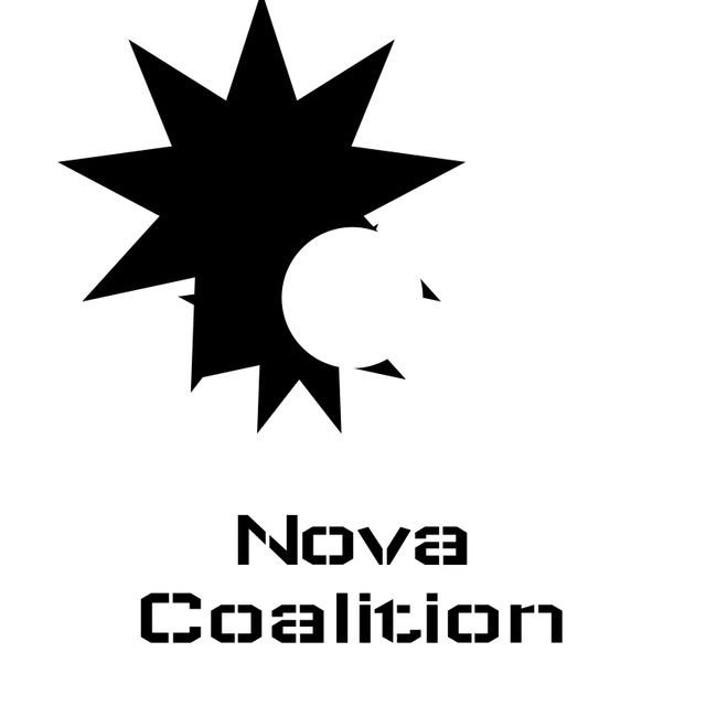 Minimalist Nova Coalition logo featuring geometric black stars and a white crescent on a white background. Useful for corporate branding, logo design inspiration, modern minimalistic themes, and abstract design projects.