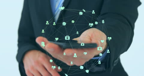 Businessman Interacts with Digital Network Using Smartphone