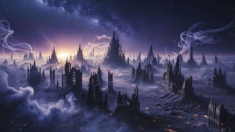 Apocalyptic gothic spires rising over mystical alien landscape