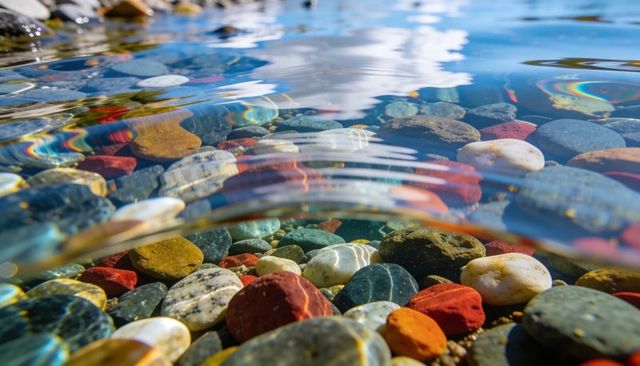 Vibrant pebble mosaic under crystal water with curved ripple, sunlight caustics refraction