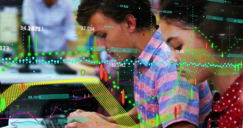 Teenagers coding with data visualization overlays for stem learning and digital innovation