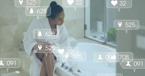 Woman in Bathrobe with Social Media Interface Simulation