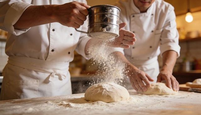 Artisan chefs sifting flour and shaping dough on wooden counter for bread