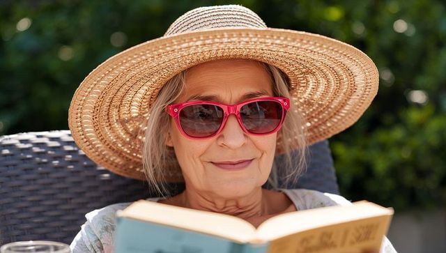 Relaxed senior woman reading on patio wearing straw hat and red sunglasses in sunny garden