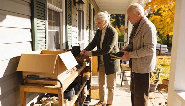 Senior couple sorting shoes on sunny front porch cozy organizing footwear during autumn