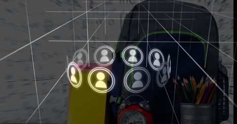 Digital Networking Icons Hovering Over School Supplies