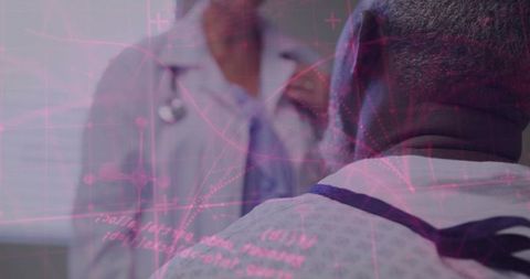 Doctor placing hand on patient with medical data overlay showing compassion and care