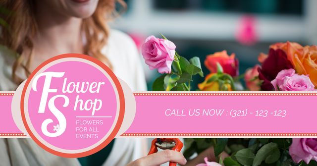 Elegant Flower Shop Advertisement with Vibrant Roses and Contact Information - Download Free Stock Templates Pikwizard.com