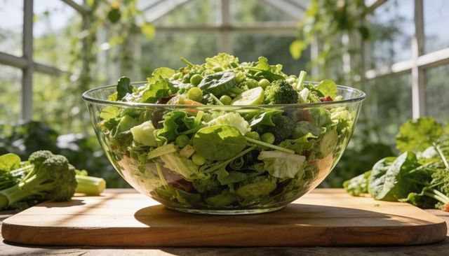 Sunlit greenhouse bowl serving fresh mixed green salad with broccoli cucumber on wood board