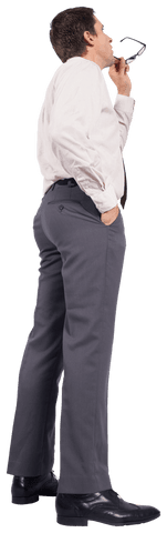 Caucasian Businessman Holding Eyeglasses on Transparent Background