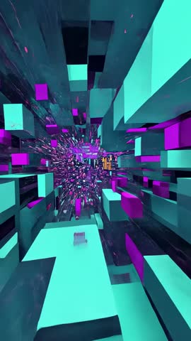 Moving Through Neon Teal Tunnel with Magenta Cubes Revealing Orange Glow