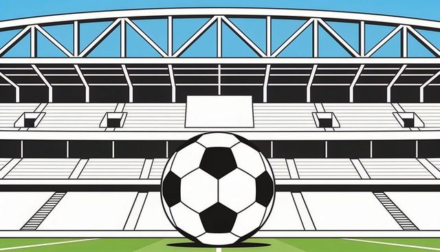 Soccer ball sitting on midfield casting shadow in empty stadium
