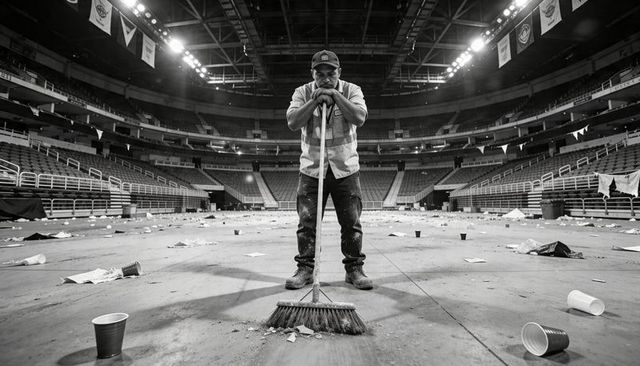 Solitary custodian leaning on push broom in empty indoor arena surrounded by litter