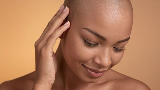 Closeup smiling woman touching shaved head glowing skin soft makeup studio portrait