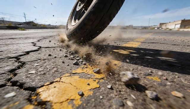 Motorcycle wheel smashing cracked asphalt, throwing gravel and dust on industrial road