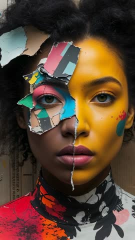 Vertical video pulling back revealing model with yellow face paint and torn colorful collage
