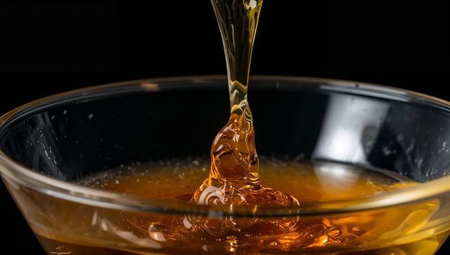 Golden honey pouring into glass bowl glossy stream with bubbles macro closeup