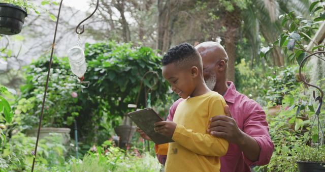 Senior Man and Grandson Using Tablet in Lush Garden - Download Free Stock Images Pikwizard.com