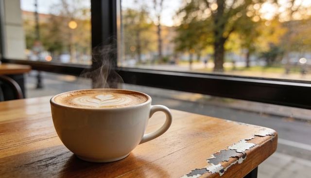 Steaming latte with heart latte art on worn wooden table by window overlooking autumn park
