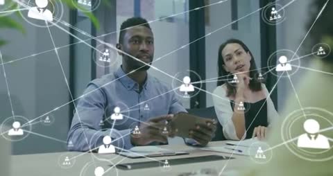 Colleagues Discussing Strategy with Digital Network Overlays