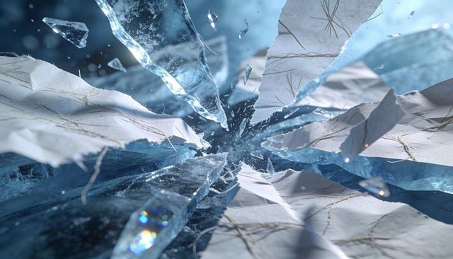 Shattered ice and fibrous paper radial burst with crystal shards and prism flares